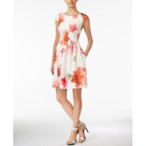 NWT Calvin Klein Cap-sleeve Floral-print Scuba Fit & Flare Dress SIZE 14 WOMENS
